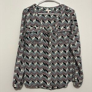 Candie's Black and White Chevron Blouse with Pink Teal Pattern. Size Medium